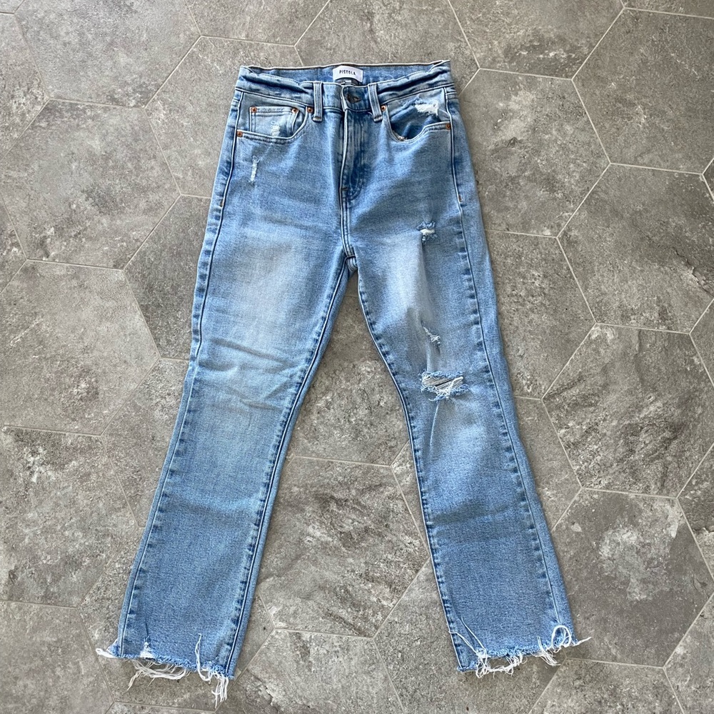 pistola Light Blue Distressed Ankle Crop Jeans